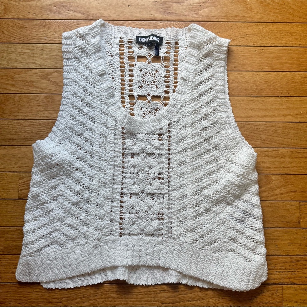 DKNY Jeans Crochet Knit Vest Tank white womens XL Y2K 90s Boho festival